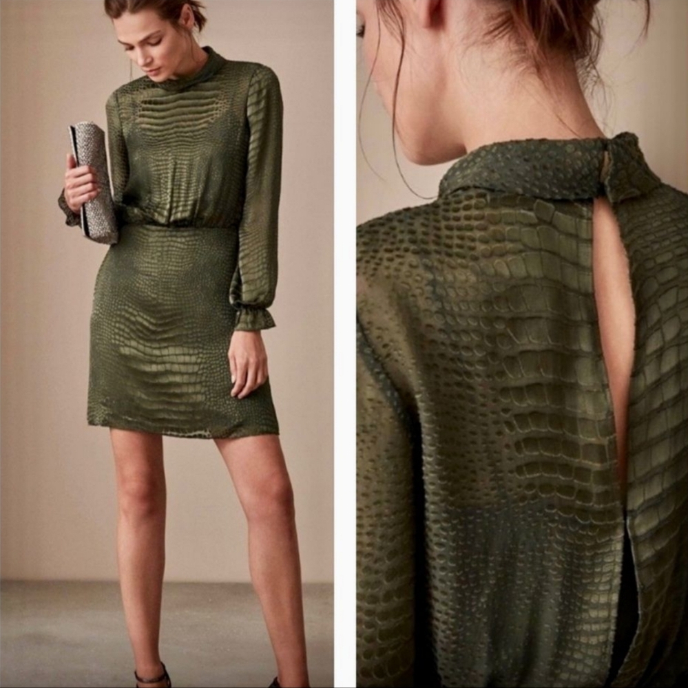 REISS Renata Green Crocodile Embossed Burnout Silk Dress